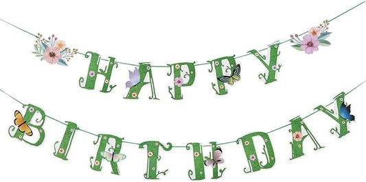 SUNBEAUTY Summer Wildflower Happy Birthday Banner Green Spring Butterfly Flowers Banner Summer Spring Butterfly Birthday Garland Sign Party Decorations Set | Pre-Strung