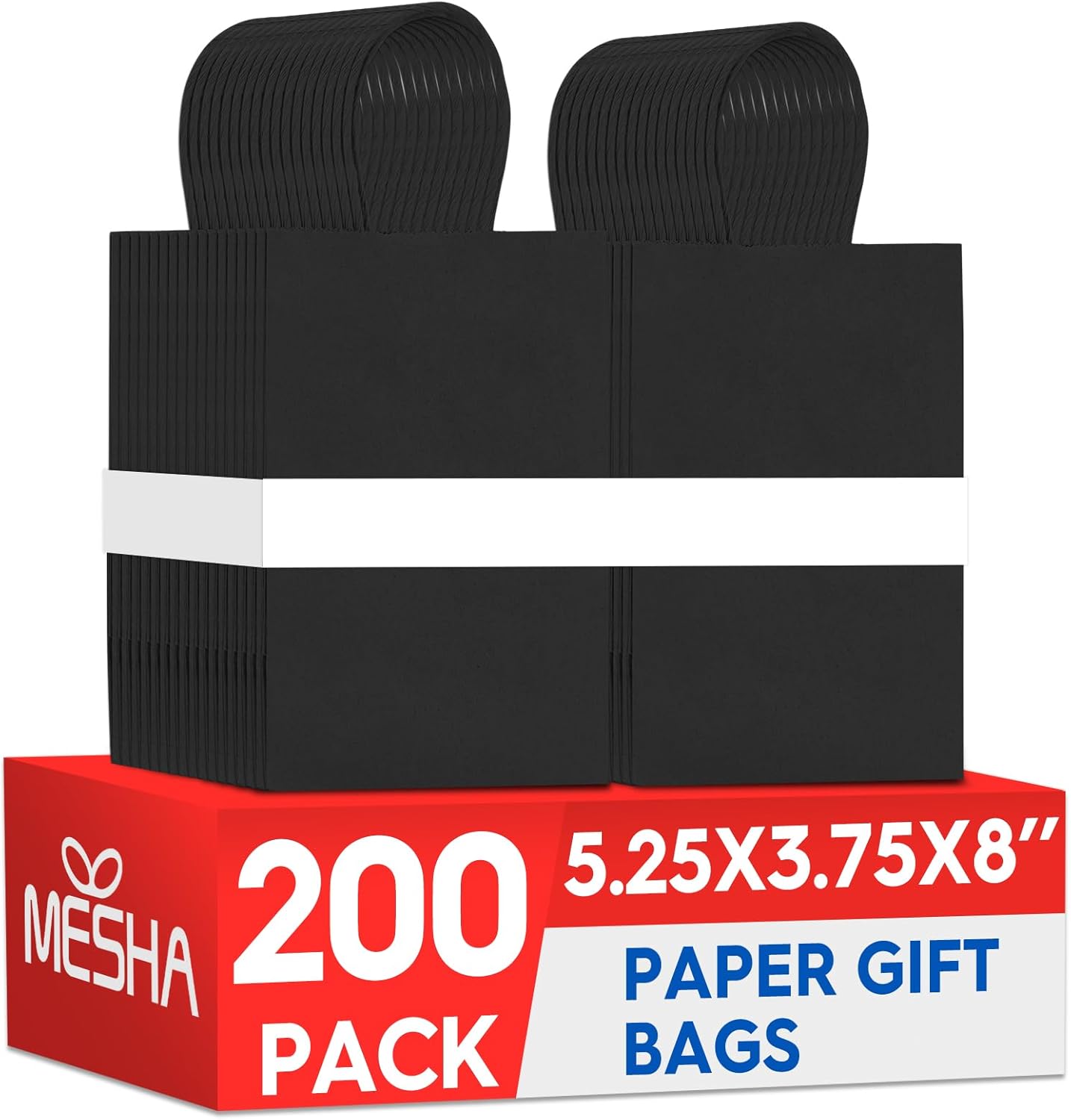 MESHA Kraft Gift Bags 200 Pack 5.25x3.75x8 Inch Small Black Paper Bags with Handles Bulk for Small Business,Birthday,Party,Wedding,Retial,Shopping Bag