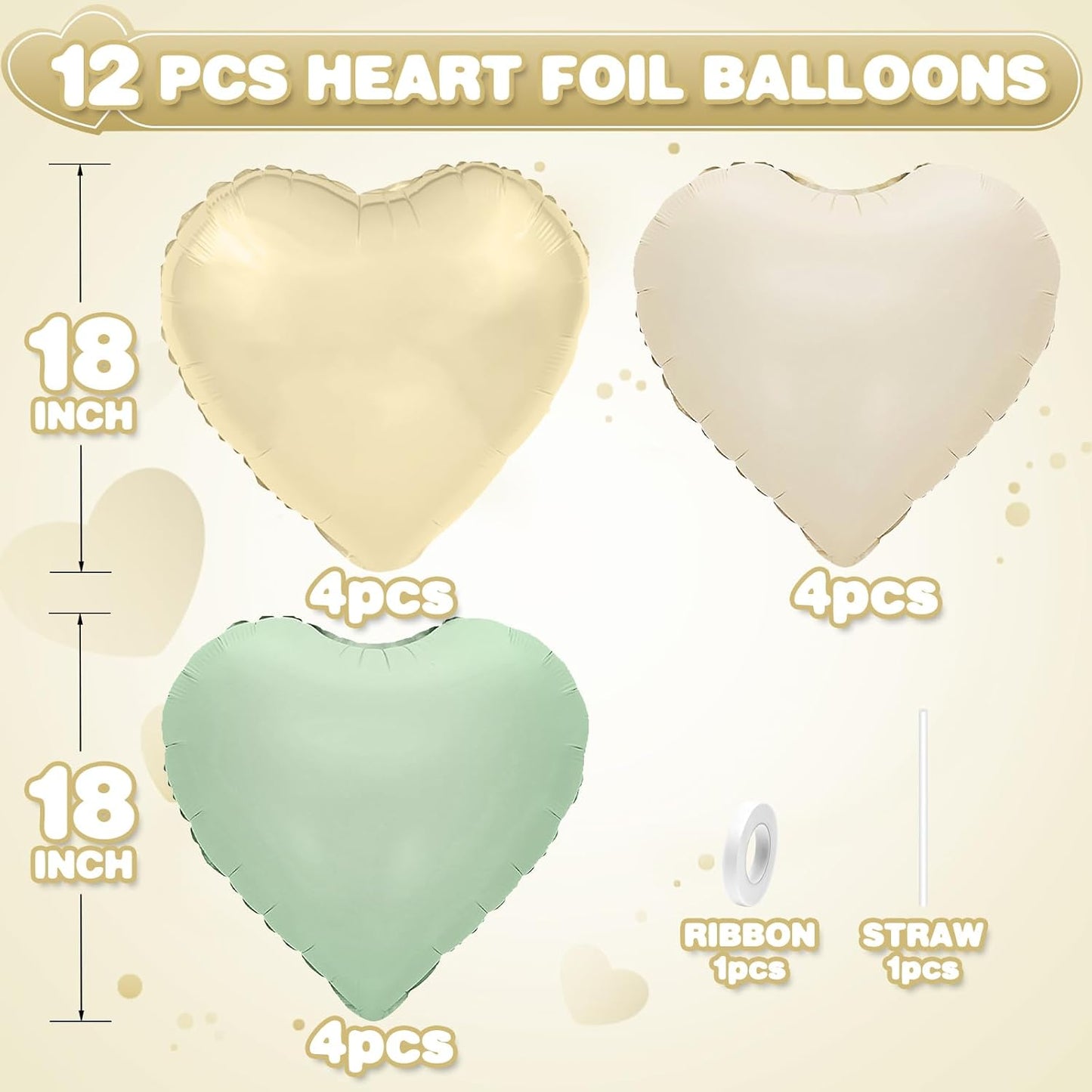 Sage Green Gold Heart Balloons,12Pcs Light Gold Heart Shaped Foil Balloons,18Inch Cream White Helium Polyester Film Balloon for Baby Shower Birthday Anniversary Wedding Party Decorations