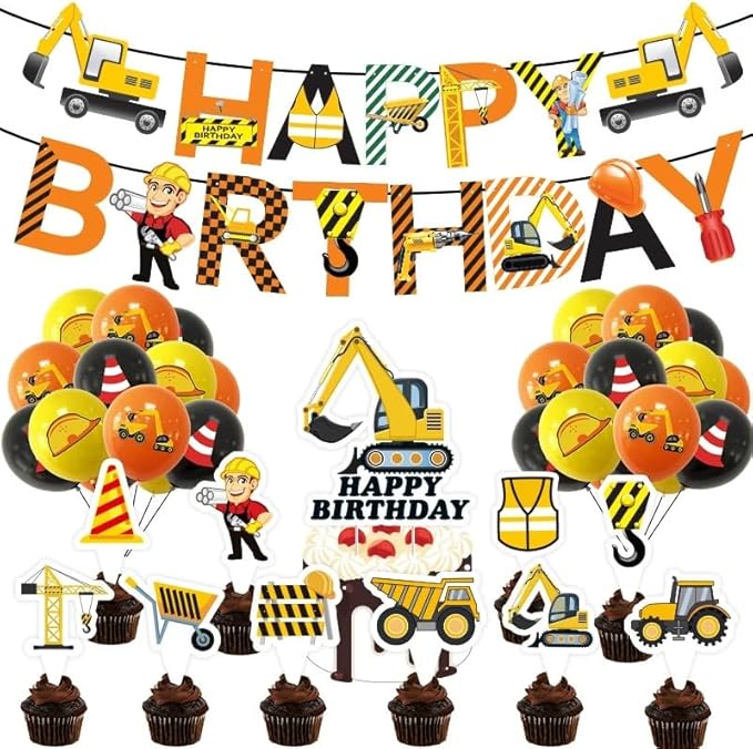Construction Birthday Party Decorations Set, Happy Birthday Banner, Balloons, Cupcake Toppers, construction vehicles Theme