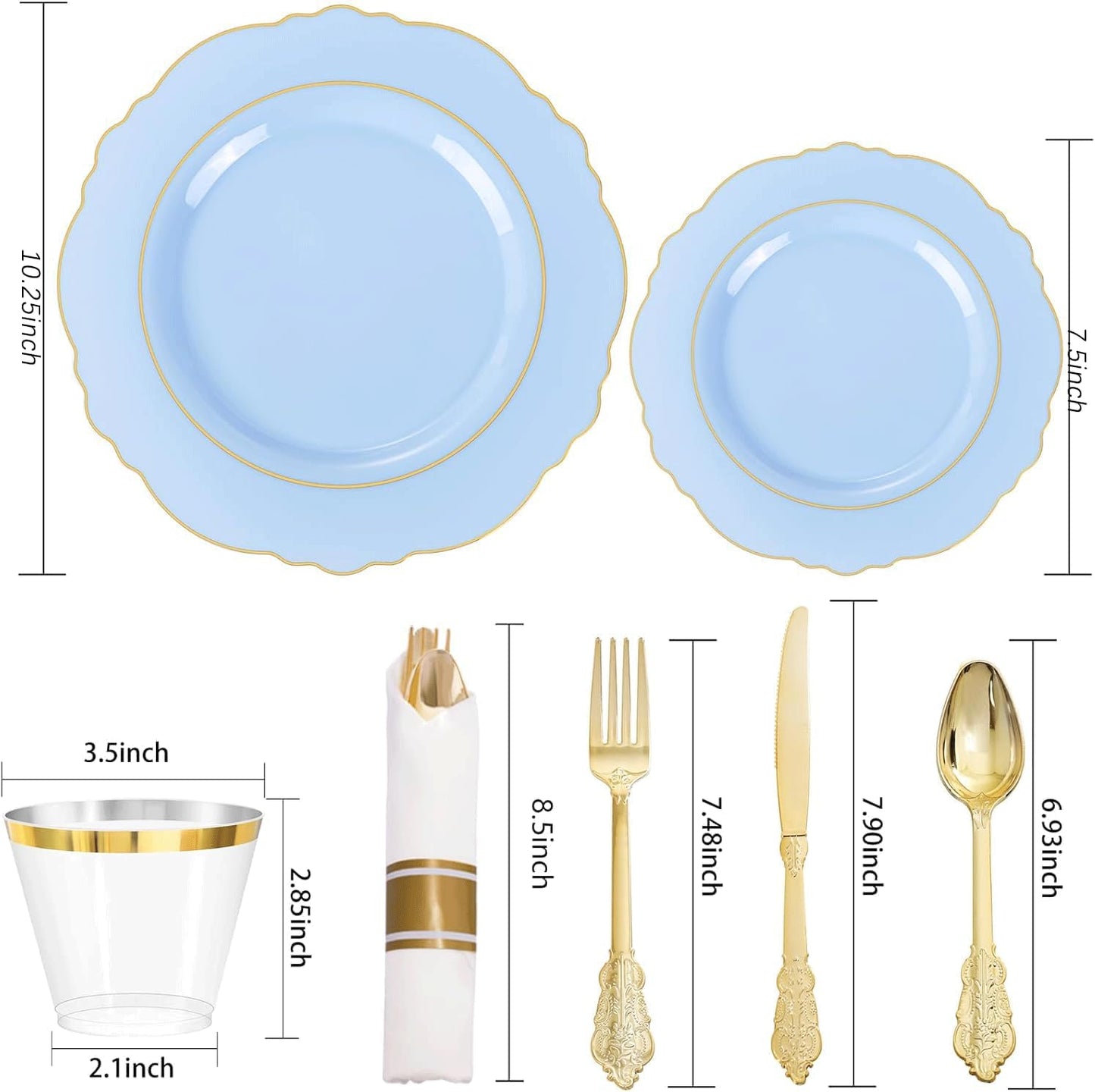 Liacere 350PCS Bule Plastic Plates - Disposable Bule and Gold Plates 50guest Baroque Plastic Dinnerware include 100Plates, 50Pack Pre Rolled Napkins with Silverware 50Cups for Wedding&Mother's Day
