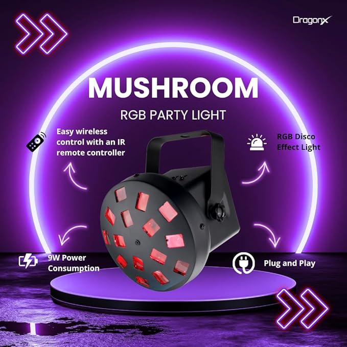 DragonX RGB Mushroom Disco Ball Light | DJ Party Lights with Strobe Effect & Remote | Music Sync LED Stage Lighting for Parties, Weddings, Clubs, Kids & Outdoor Disco Ball Decor
