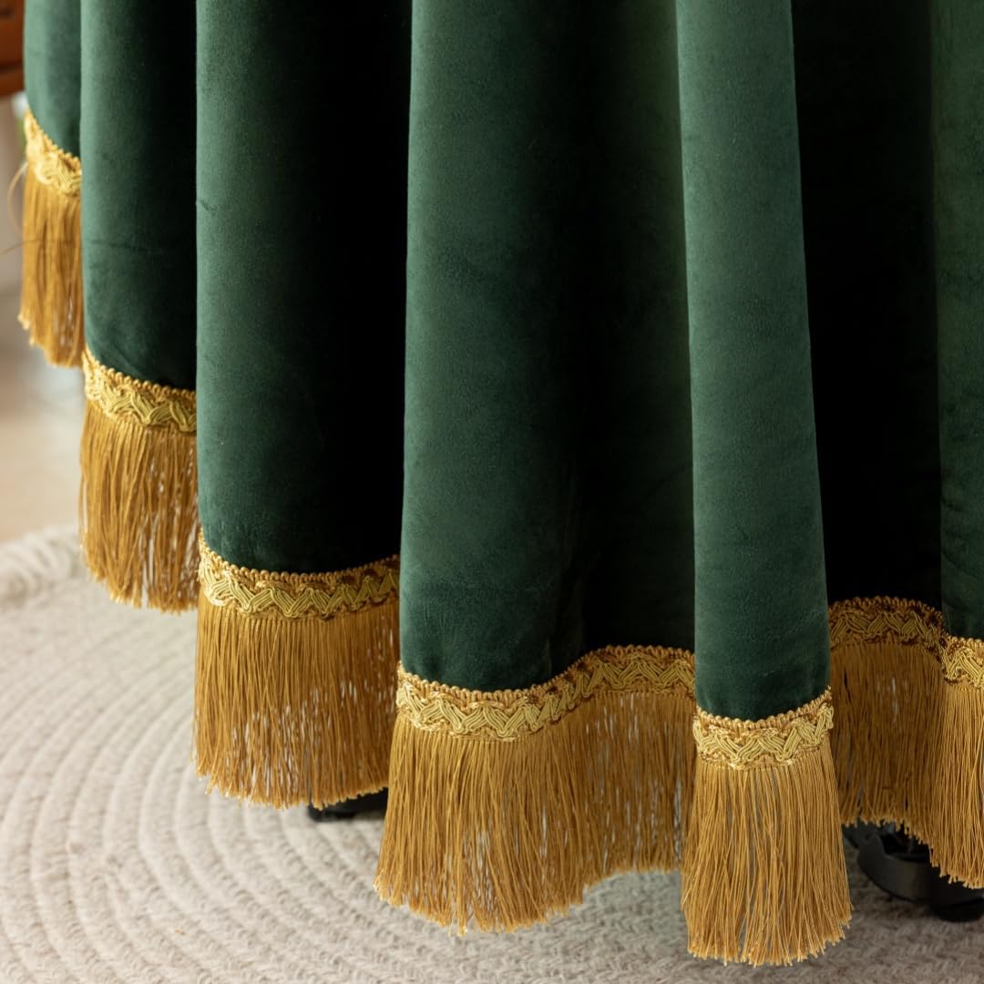 F-CHU Luxury Green Tablecloth Thickset Velvet Tablecloth with Beautiful Gold Tassels Vintage Table Cloth for Home Decor Wedding, Party, Banquet and Events 60" Round