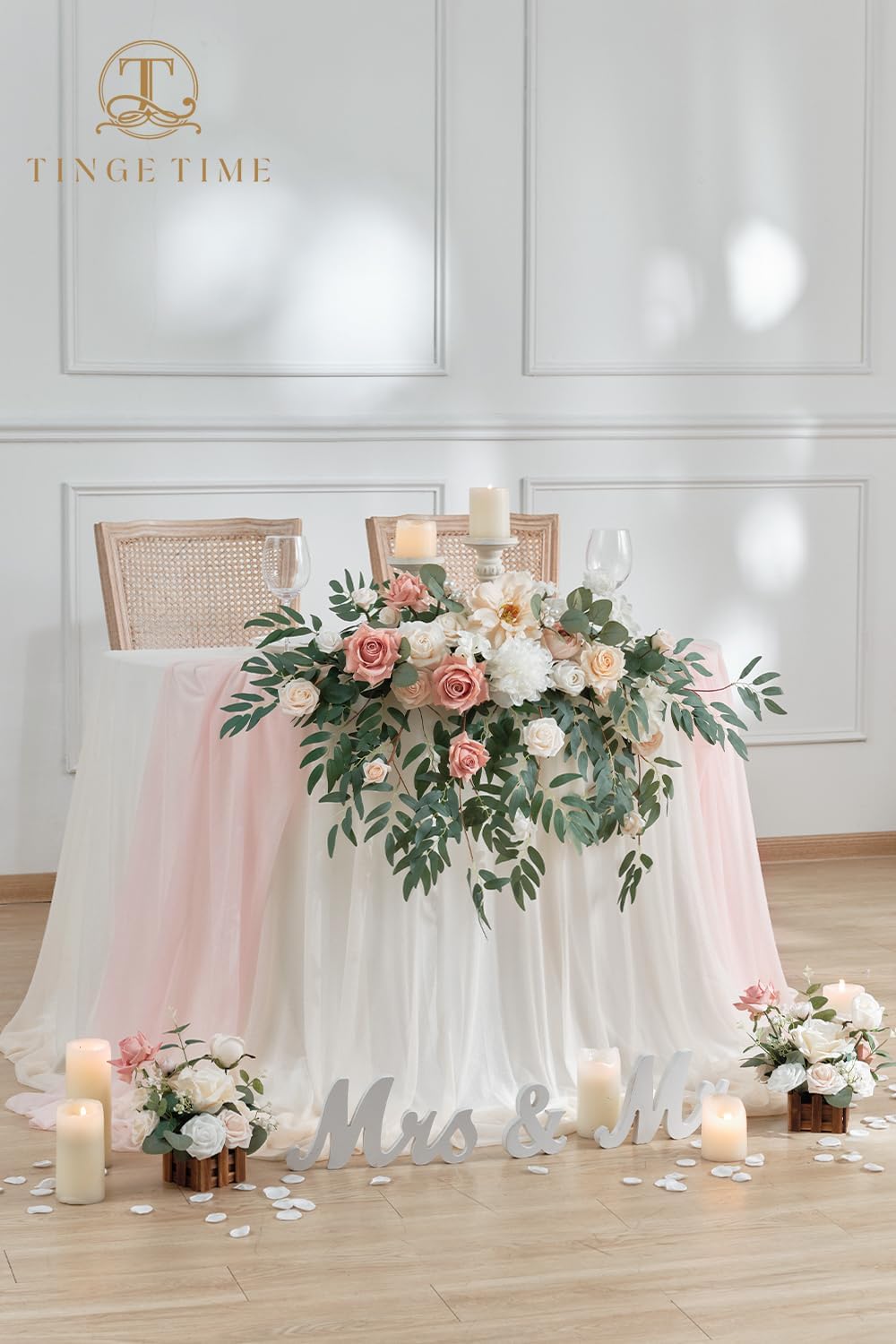 TINGE TIME Artificial Sweetheart Flower Swag with Table Cloth and Table Runner, Pack of 3 Floral Arrangement for Wedding Sweetheart Table Centerpiece Decoration (Dusty Rose & Champange)