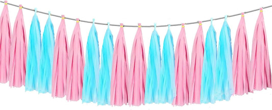 Blue Pink Tassel Garland Tissue Paper Banner,Table Decor,for Baby Shower,Boy or Girl Gender Reveal,Party Decorations Neutral Birthday Wedding Bridal Tassels,DIY Kits,Pack of 15