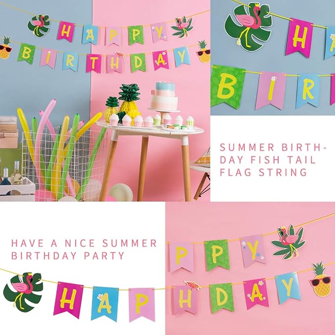 SUNBEAUTY Hawaiian Happy Birthday Banner Tropical Luau Party Birthday Flamingo Pineapple Palm Leaf Banner for Summer Birthday Party Decorations Supplies | Pre-Strung