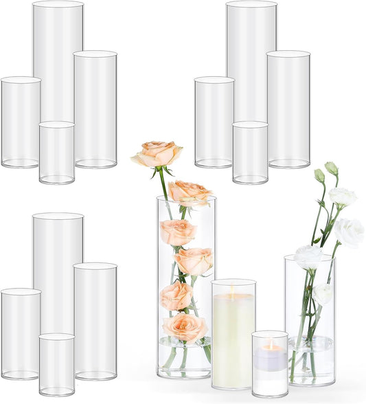 16 Pack Glass Cylinder Vases 4, 6, 8, 10 Inch Tall Clear Flower Vases for Table Centerpieces Wedding Decoration, Hurricane Floating Candle Holder for Party Home Decor