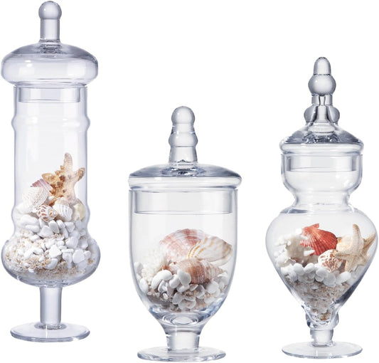 Set of 3 Apothecary Jar Glass Decorative Candy Jars Elegant Storage Candy Buffet Display, Wedding Candy Organizer Canisters (H: 9", 12.5", 14"; 20 FL.OZ, 23 FL.OZ and 28 FL.OZ)