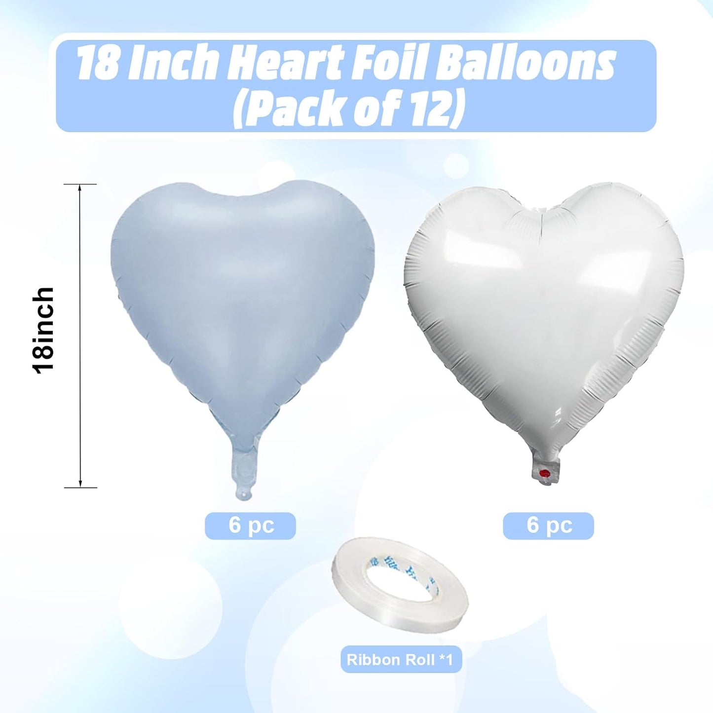 Baby Blue White Heart Balloons, 18 Inch Pastel Blue White Heart Shape Balloons, 12PCS Light Blue White Helium Foil Heart Balloon for Birthday Baby Shower Engagement Wedding Party Decorations