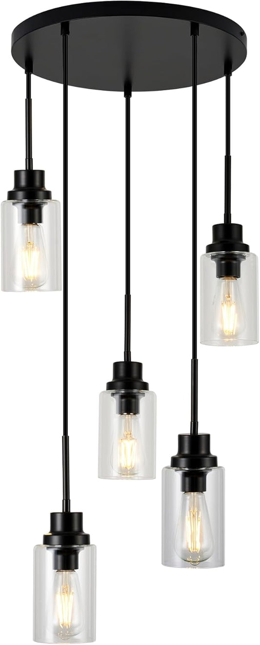 5-Light Kitchen Island Dimmable Pendant Lights with Clear Glass Shade, Black Finish for Dinning Room, Living Room, Kitchen Island