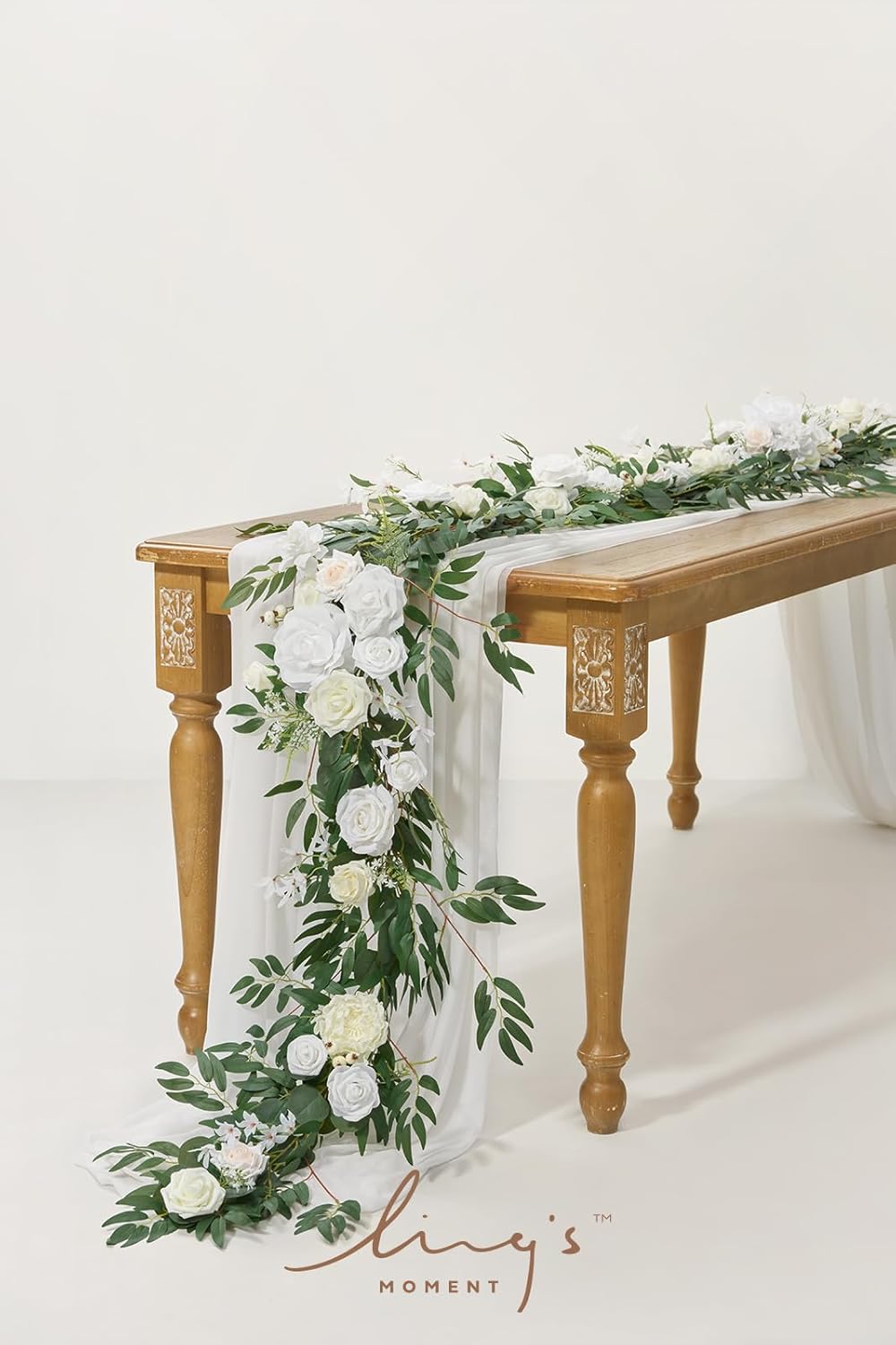 Ling's Moment Flower Garland - 6FT Eucalyptus & Rose - Sweetheart Table Decor for Wedding Reception, Artificial Floral Garland for Mantle, Spring Garden Ceremony, Christmas Decoration, Ivory White