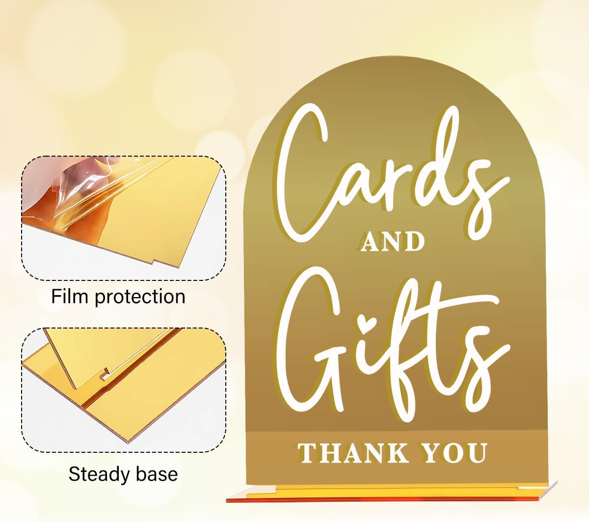 Acrylic Wedding Sign, Bridal Shower Decorations, Cards and Gifts Sign for Ceremony, Modern Font Table Signs, Gold Mirror Arched Acrylic Tabletop Signs for Wedding Reception and Event Party