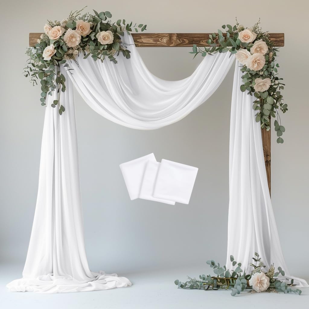 Wedding Arch Draping Fabric 3 Panels 28.7" x 20FT White Sheer Chiffon Backdrop Drapes for Wedding Ceremony Birthday Party Bridal Shower Outdoor Decoration