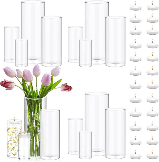 Set of 16 Pcs Glass Cylinder Vases for Centerpieces with 24 Pcs White Floating Candles for Centerpieces Glass Candle Holder for Table Shelf Wedding Party Home Decor (4"+6"+8"+10")