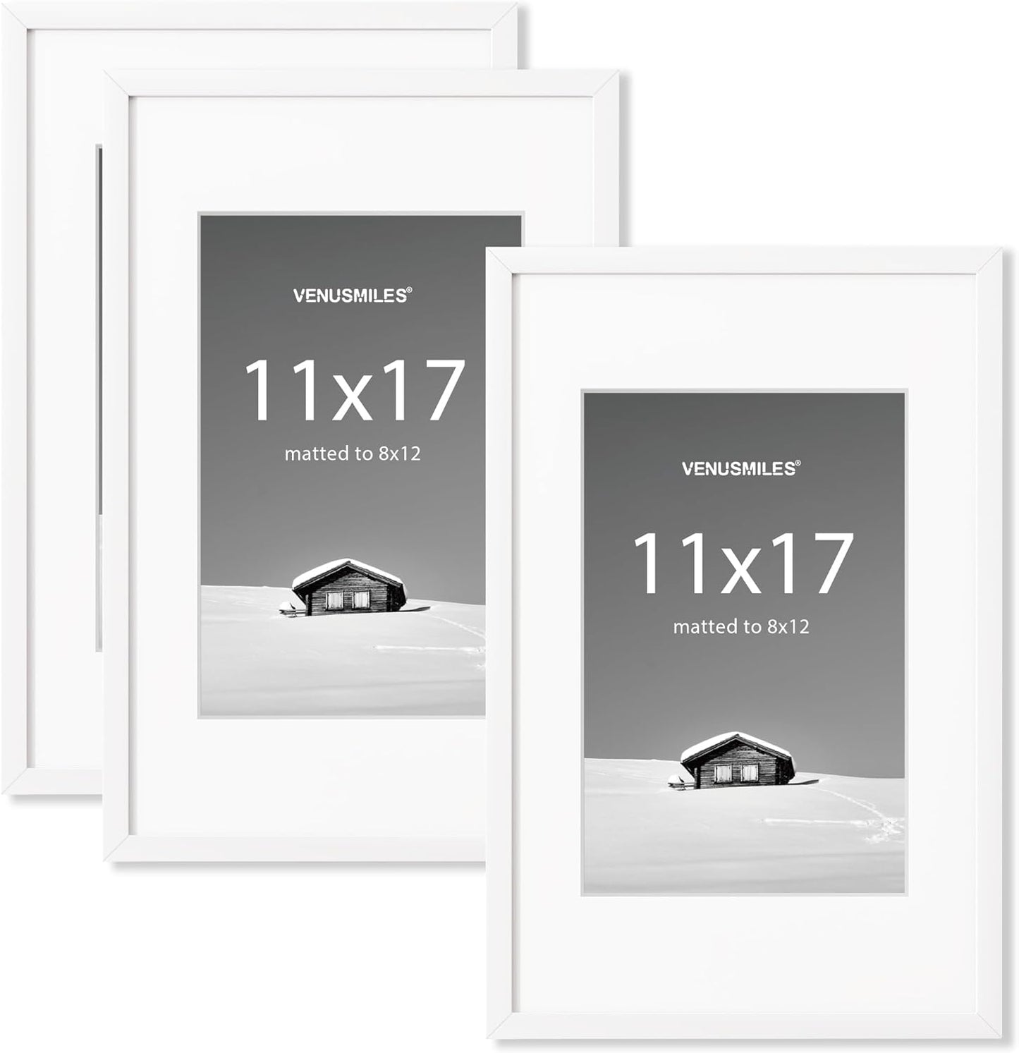 11x17 inch Picture Frame, 11x17 Photo Frames with 8x12 Removable Mat - High Definition Plexiglass - Vertical and Horizontal Display - Wall Hanging Frame - White, 3 Pack