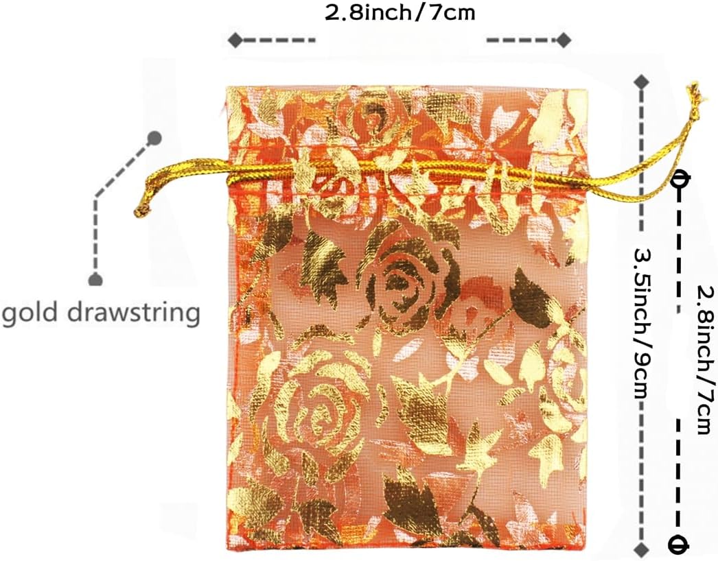 QIANHAILIZZ 100 Pack 2.8 x 3.5 Inch Flower Heart Organza Jewelry Gift Pouch Candy Pouch Drawstring Wedding Favor Bags B511S (orange gold flower)