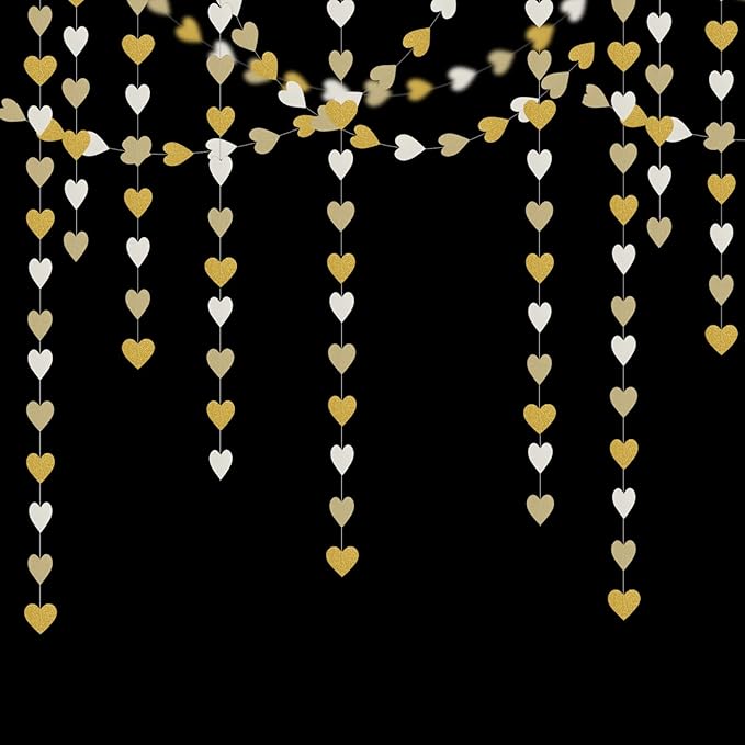 White-Gold Champagne Party-Decorations Heart Streamers Garland - 52Ft Christmas Wedding Engagement Hanging Paper Banner,Bachelorette Neutral Baby Bridal Shower Decor Banners Lasting Surprise