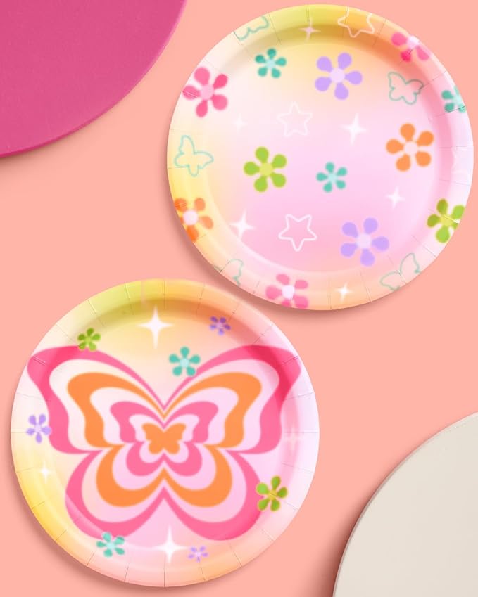 xo, Fetti Groovy Y2K Paper Plates, 2 Designs | 24 pcs 9" | Butterfly Kids Party Decorations, Girls Bachelorette Supplies, Rainbow Birthday Tablescape, Pastel Flower Decor