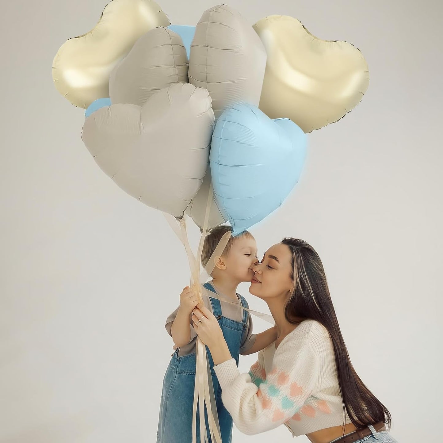 Blue White Heart Balloons,12Pcs Light Gold Baby Blue Heart Shaped Foil Balloons,18Inch Cream White Helium Balloon for Baby Shower Birthday Anniversary Wedding Party Decorations