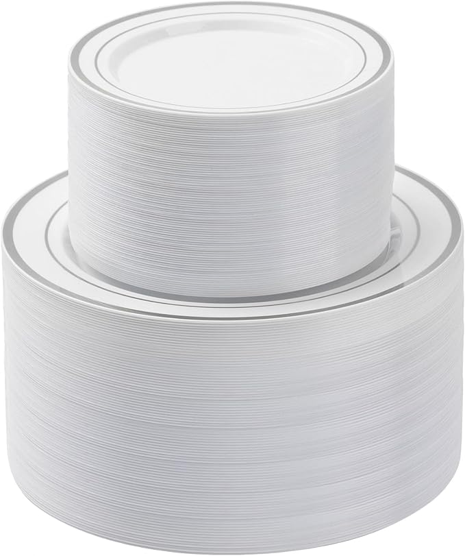 BESTSTAR 200PCS Silver Plastic Plates Set, 100 10.25 inch Dinner Plates and 100 7.5 inch Dessert Plates, Premium Disposable Plates for Party, Wedding