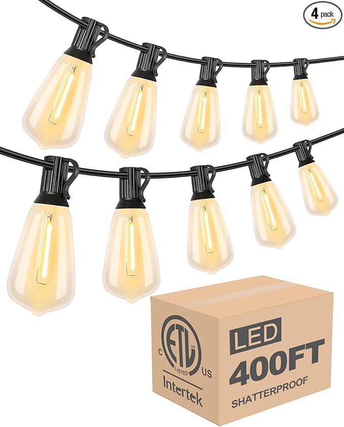 Lightdot LED Outdoor String Lights 400FT Patio Lights with 128 Shatterproof ST38 Vintage Edison Bulbs, Outside Hanging Light Waterproof for Porch, Deck, Garden, Backyard, Balcony, Dimmable