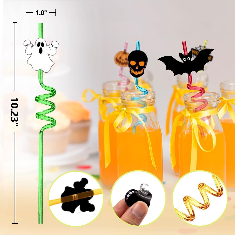 24 Pcs Halloween Party Favors - Reusable Plastic Crazy Straws with Bats, Pumpkin, Witch, Ghost Designs & 2 Cleaning Brushes