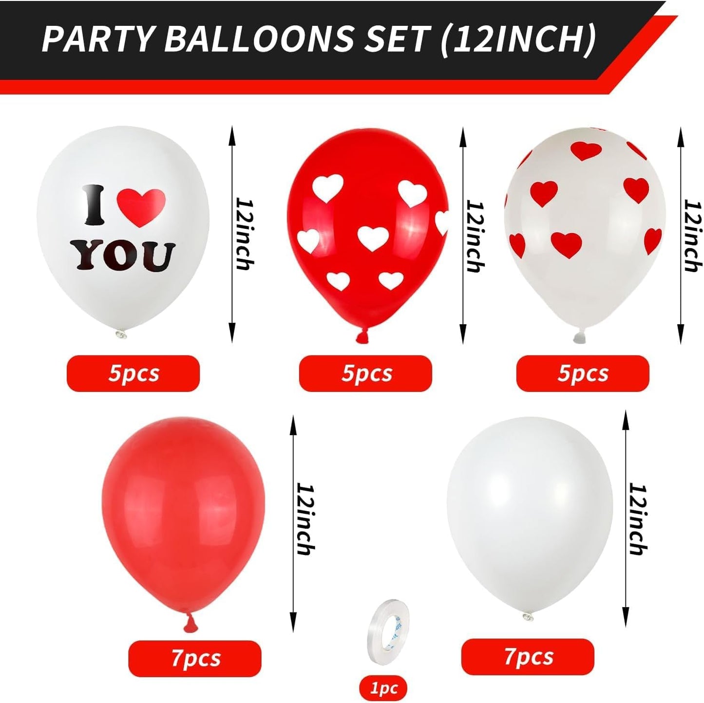 Valentines Day Balloons, 12 Inch Red White Ballons Heart Balloon I Love You Printed Romantic Valentines Day Balloon For Wedding Anniversary Party Decoration Supplies