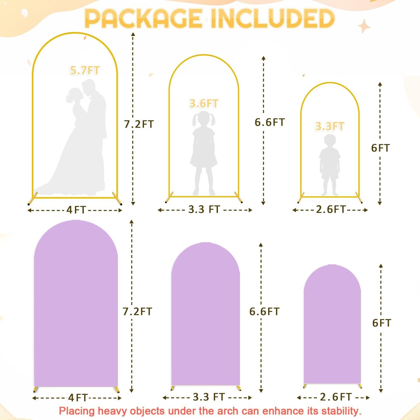 FUHSY Set of 3 Metal Backdrop Stand with Wedding Arch Cover 7.2FT, 6.6FT, 6FT Spandex Lavender Arch Backdrop Stand Cover Balloon Arch Frame Stand Backdrop for Birthday Party Bridal Baby Shower Decor