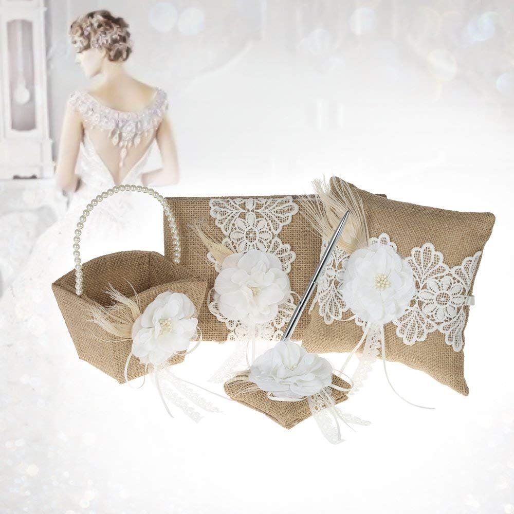 Fbest 4pcs/Set Vintage Rustic Burlap Wedding Supplies Flower Girl Basket + Ring Bearer Pillow + Guest Book + Pen Holder Set