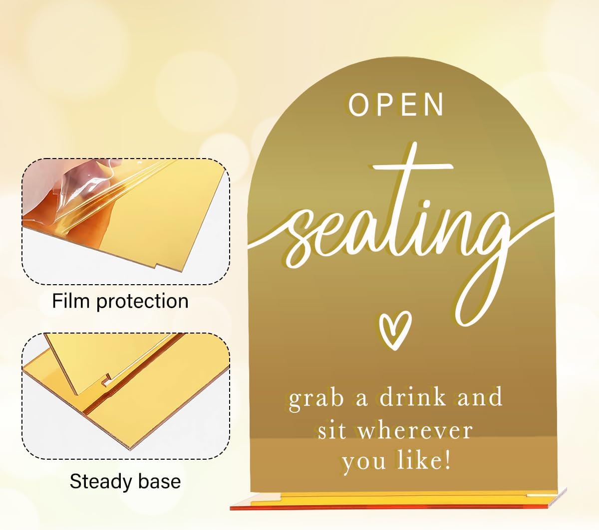 Acrylic Wedding Sign, Bridal Shower Decorations, Open Seating Sign for Ceremony, Modern Font Table Signs, Gold Mirror Arched Acrylic Tabletop Signs for Wedding Reception and Event Party