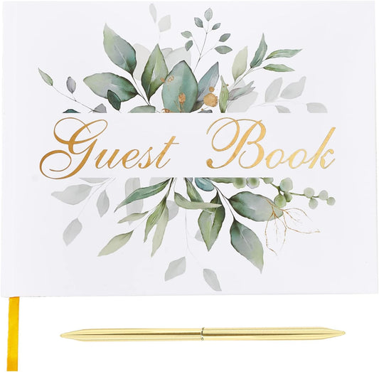 TRULIVA Wedding Guest Book with Pen - Sign in Book for Wedding Reception - Gold Foil - Hard Cover, 7" x 9" (Eucalyptus Gold Foil, Book and Pen)