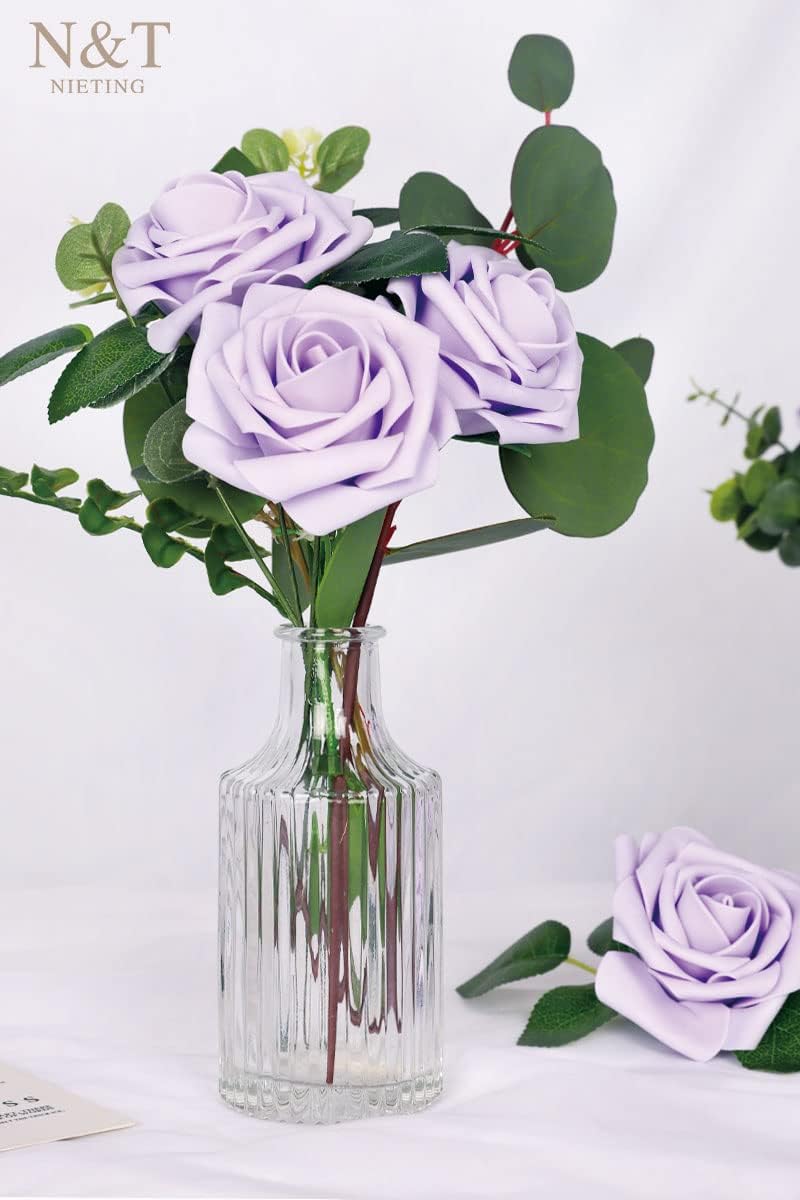 N&T NIETING Artificial Flowers, 50pcs Lavender Fake Rose Flowers with Stem for DIY Wedding Bouquets Centerpieces Arrangements Party Baby Shower Home Decorations