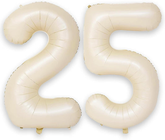 Beige 25th Birthday Balloons Number 25, 40 Inch Large Foil 2 & 5 Numbers Balloons, Cream Giant Maya Helium Balloon for Women Men Birthday Anniversary 2025 New Year Party Decorations