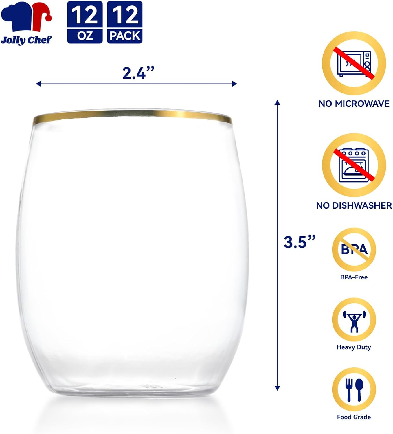 JOLLY CHEF 12 Pack 12oz Gold Plastic Wine Glasses Stemless, Gold Disposable Wine Cups, Premium Quality, Recyclable, Unbreakable, Crystal and BPA-Free for Party