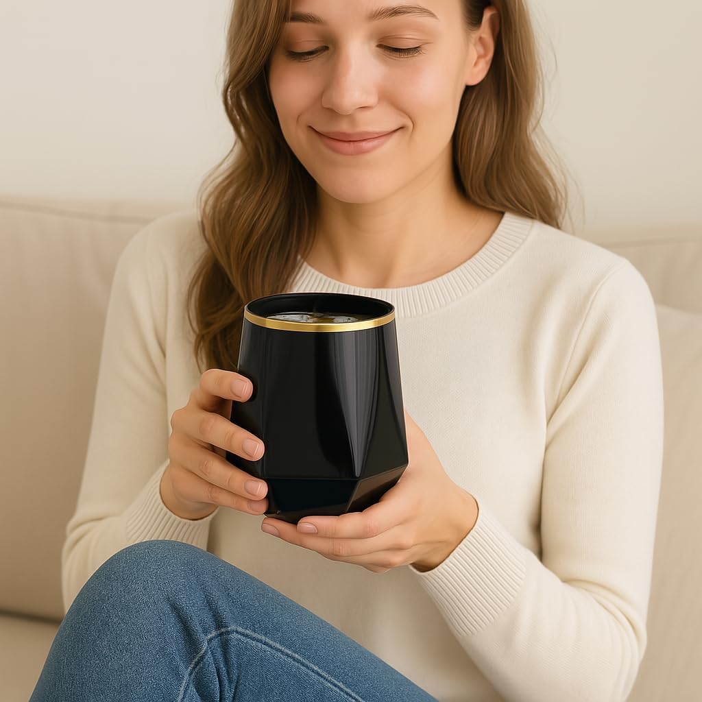 40 count Diamond Unbreakable Stemless Plastic Wine Champagne Whiskey Glasses Elegant Durable Disposable Indoor Outdoor Ideal for Home, Office, Bars, Wedding, 12 Ounce Cups (Diamond Black Matte Gold)