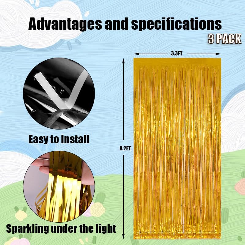 Keyali 3 Pack 3.3 * 8.3 ft Foil Curtain Metallic Tinsel Fringe Curtains Photo Booth Props Backdrop for Birthday Wedding Engagement Baby Shower Christmas Holiday Celebration Partyl,Gold
