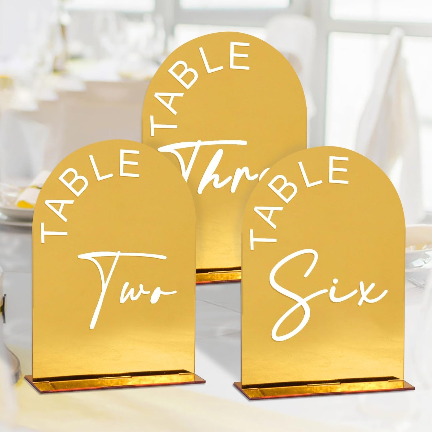 Gold Mirror Arch Wedding Table Numbers 1-30 with Stands, 5x7 Inch Acrylic Arch Sign with Holder for Wedding Reception Table Centerpiece Decoration(Gold Mirror)