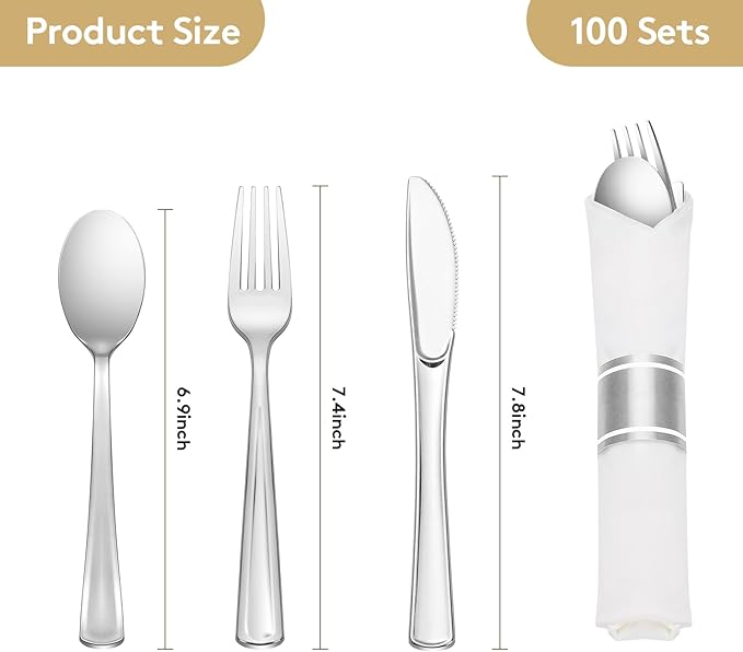 Goodluck 100 Pack Pre Rolled Silver Plastic Silverware, Wrapped Plastic Cutlery Set with Napkin Include 100 Forks, 100 Knives, 100 Spoons and 100 Napkins, Disposable Silverware for Party, Wedding