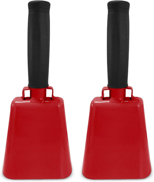 Deke Home - 2 Pack 7 Inch Steel Cowbells with Handle, Loud Noise Makers for Football, Sports, Parties, Competitions, School Spirit & Safety, Large Hand Bell for Cheering & Percussion Instrument