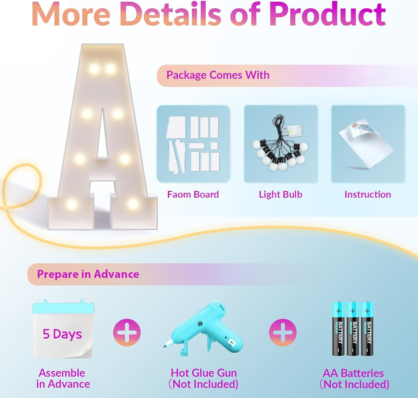 Marquee Letters 3 Feet Tall, Light Up Letters 3FT with Lights, Large Letters for Party, Letter A Light Up Letters for Baby Shower Wedding Proposal Graduation Birthday Decorations