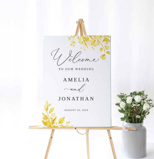 Welcome Wedding Sign Personalized, Watercolor Yellow Wedding Sign Decorations Signage 12" X 18" (Small), 27" (Medium), 36" (Large), Plastic, Modern, Pole Mount, Weather