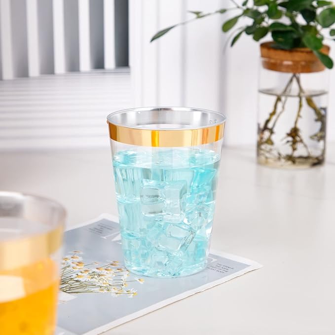 I00000 200 Pack Gold Plastic Cups, 10 oz Clear Plastic Cups Gold Rimmed Disposable Wine Glasses Fancy Disposable Party Cups Wedding Cup Drinking Tumblers Cocktail Glasses with Gold Rim