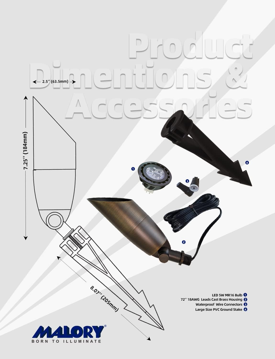 MALORY Solid Brass Landscape Spotlight 4-Pack with Bulb(S06), Low Voltage Front and Backyard Landscape Lighting with Large Rugged Slot Spike & Wire Connector,12V AC/DC Garden Patio Spot Up Light