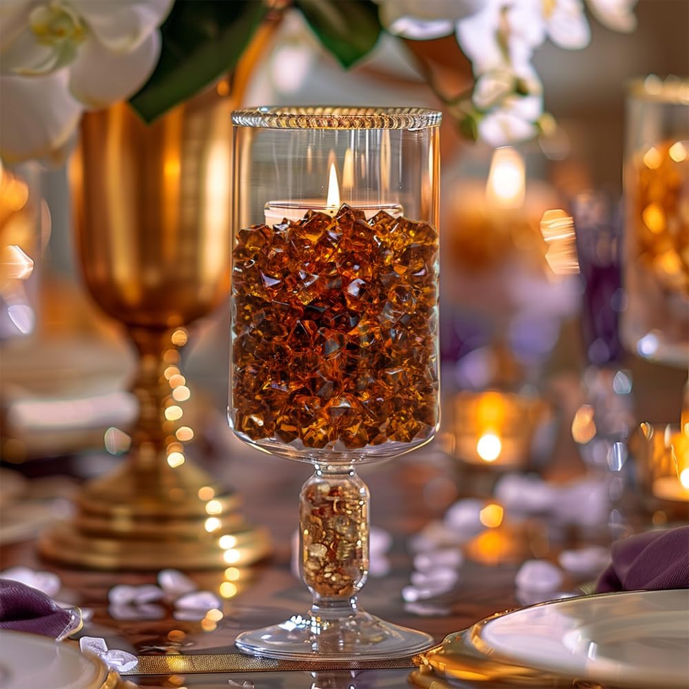 HappyFiller 700 PCS Pack Dark Amber Fake Ice Rocks Small Crystal Cube Stones Fake Diamonds for Vase Fillers,Resin Arts Crafts,Fall Decoration,Home Accents Floral Decor,Table Scatters,Photo Props