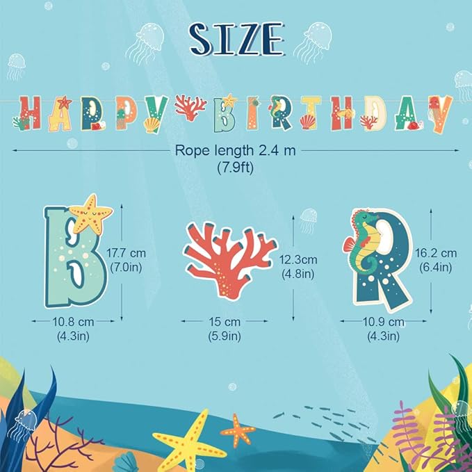 SUNBEAUTY Happy Birthday Banner Sea Animal Birthday Decorations Sea Shells Ocean Theme Party Supplies for Baby Shower | Pre-Strung