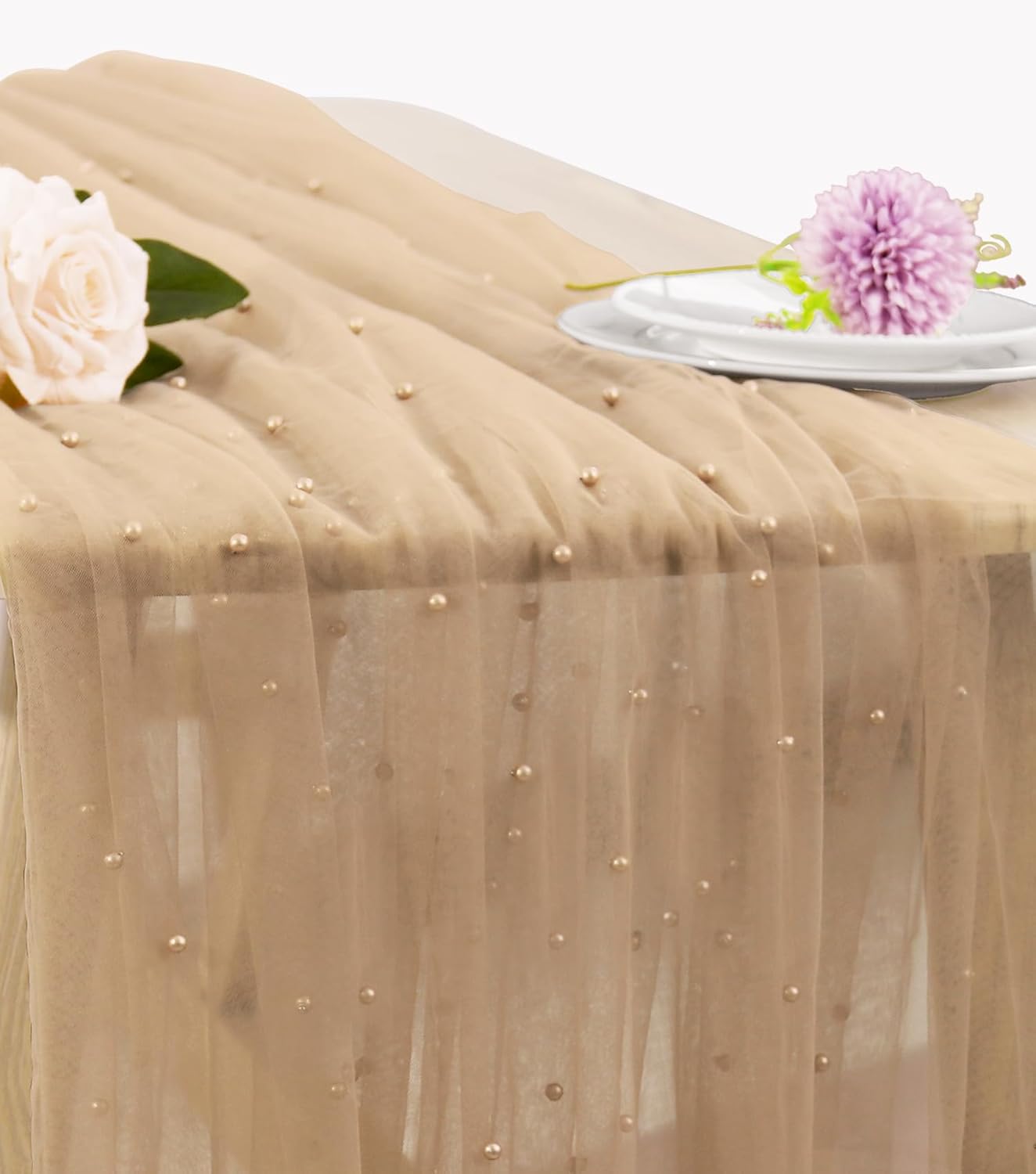 Pearl Table Runner 29 x 120 Inch Tulle Fabric Lace Table Runners Boho Rustic Tablecloth for Bridal Shower Birthday Party Wedding Arch Aisle Veil Dessert Table Decor(1 Pack, Nude)