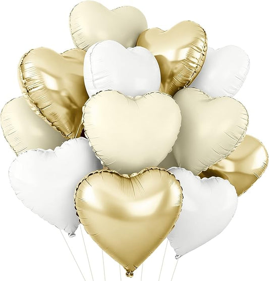 TONIFUL 30Pcs 18 Inch Champagne Gold Cream White Balloons White Heart Shape Foil Mylar Banners Decoration for Birthday Valentine's Day Wedding Bridal Shower Anniversary Engagement Party Supplies