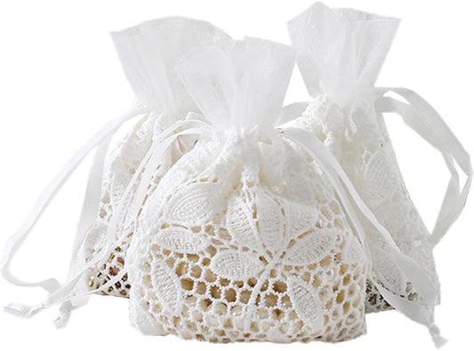 Petunny 6Pcs White Lace Drawstring Bags,Cotton Drawstring Gift Bags Embroidered Jewelry Pouch for Wedding Birthday Christmas Parties(3.9x5.5Inch)