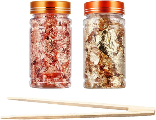 Joyzan Gold Flakes, Gold Foil Leaf Decoration Imitation Metallic Chocolates Baking Sheet Cake Decor Tweezers Resin Cooking Dessert Makeup Nail Art DIY Craft Jewelry Making Painting Slime 20g 2 Bottles