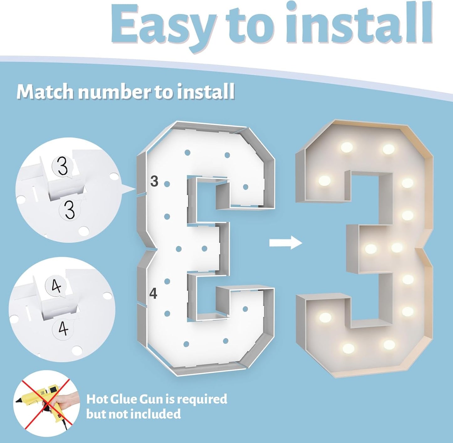 4FT Marquee Light Up Numbers 3,Party Decoration Large Marquee Light Up Letters with Weighted Water Bag,Pre-cut Foam Board Set Can Be Used for Birthdays,Weddings,Baby Anniversaries